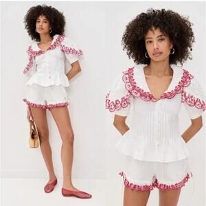 NEW! DAMSON MADDER 'Caroline' Cherry Embroidered Organic Cotton Peplum Top (10)